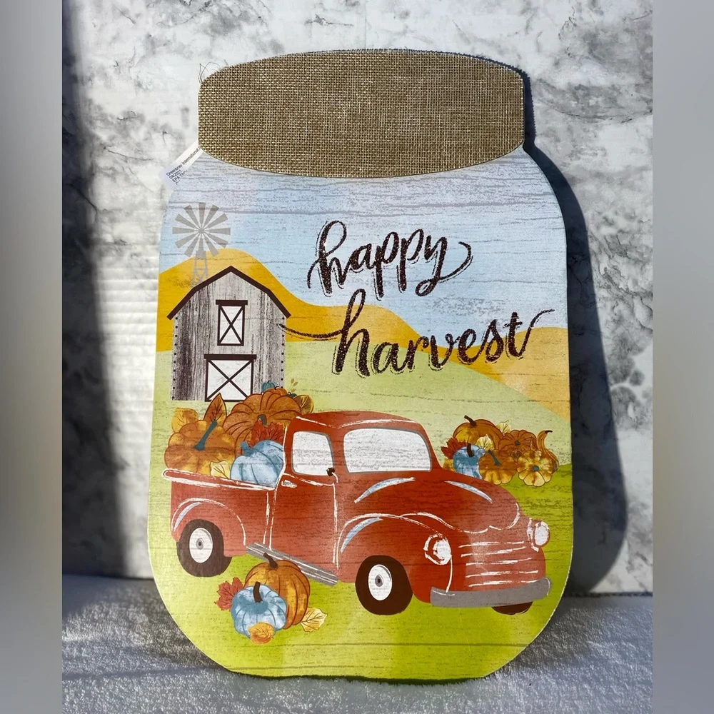NWT Autumn Fall Mason Jar Happy Harvest Red Truck Pumpkin Farm Wall Door Sign
